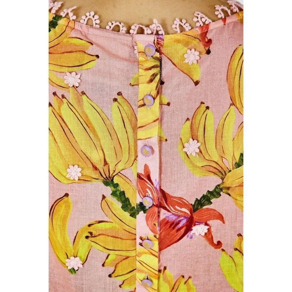 Anthropologie Farm Rio Banana Taste Applique Puff Sleeve Blouse Pink XS NEW
